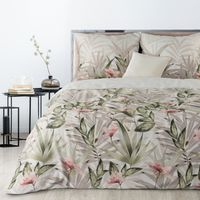 Pościel satynowa SPRING 200x220 biała beż zielona róż liście kwiaty