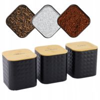 ZESTAW 3 POJEMNIKÓW KAWA HERBATA CUKIER CZARNE STALOWE BAMBUSOWA POKRYWA