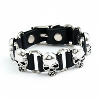 Bransoletka meska skorzana czarna czaszki punk rock 24cm prezent