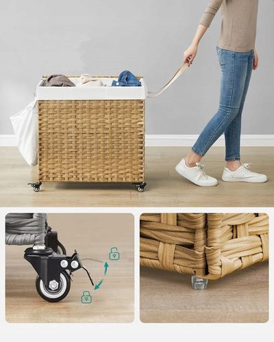 Kosz NA PRANIE pojemnik RATTAN naturalny NA KÓŁKACH 3 PRZEGRÓDKI 140L na Arena.pl