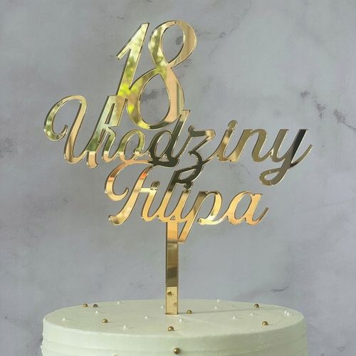 TOPPER NA TORT TOPER PLEXI ZŁOTE LUSTRO OZDOBA OSIEMNASTKA 18 URODZINY IMIĘ na Arena.pl