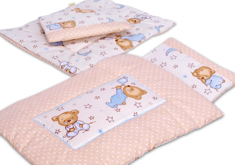 Pościel BOBO z aplikacją dla lalki  beżowa w kropki z misiem zdjęcie 1