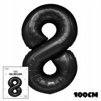 BALON FOLIOWY CYFRĄ CYFERKA 8 CZARNA NA IMPREZE URODZINOWĄ PRZYJĘCIE 100cm