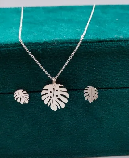 KOMPLET SREBRNY LISTKI MONSTERA SREBRO 925 zdjęcie 2