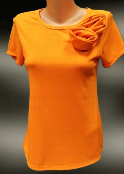 BLUZKA DAMSKA włoska PRĄŻKOWANA z różyczkami pomarańcz neon zdjęcie 2