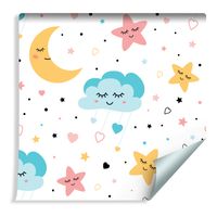 Tapeta Dla Dzieci - Kolorowe Śpiące Gwiazdki, Chmurki i Księżyce