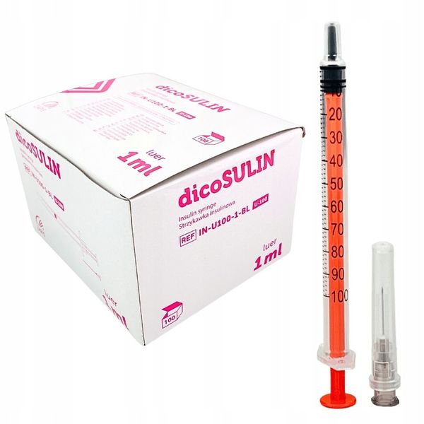 Strzykawki Insulinowe Z Igłą U100 1ml Zestaw 100 Sztuk 0,4x13 mm Zarys zdjęcie 1