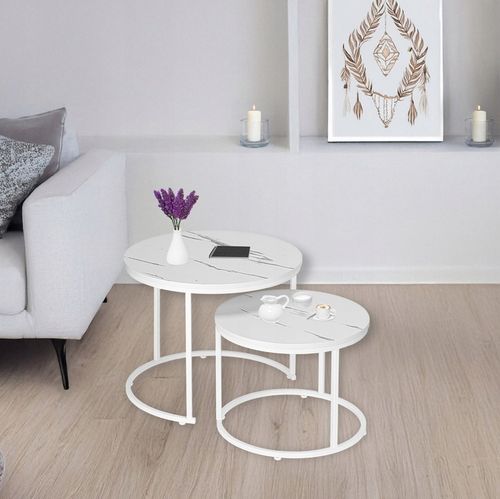 STOLIK KAWOWY OKRĄGŁY 2W1 BIAŁY MARMUR ZESTAW 2 STOLIKÓW KAWOWYCH na Arena.pl