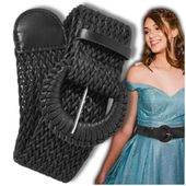 Pasek słomiany czarny elastyczny pas na talię pleciony szeroki