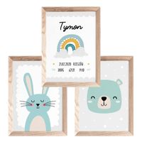 ZESTAW 3 szt. Plakaty Obrazki do Pokoju Chłopca Metryczka ZWIERZĄTKA A3