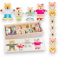 Drewniana Układanka Rodzina Misie Garderoba Emocje Montessori Pudełko 72 el