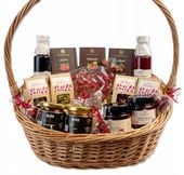 KOSZ PREZENTOWY DUŻY WIKLINOWY ZESTAW HERBAT SŁODYCZE SYROPY NA URODZINY