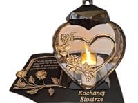 SIOSTRA ZNICZ LAMPION NA GRÓB SERCE I SERCE ZŁOTO SKOS SENTENCJA+ŚWIECA