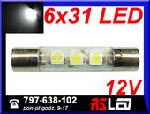 żarówka LED 6x31 mm 3 SMD rurkowa 12v biala zimna