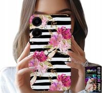 ETUI DO SAMSUNG GALAXY A06 5G - KWIATKI W CZARNO - BIAŁE PASKI WZORY