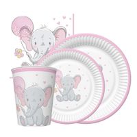 Zestaw komplet zastawy Różowy Słonik - kubeczki, talerzyki, serwetki