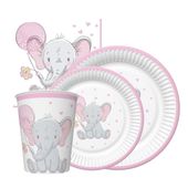 Zestaw komplet zastawy Różowy Słonik - kubeczki, talerzyki, serwetki