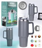 Kubek Termiczny Ze Słomką Termos Na Kawę Herbatę 1200 ML Szary XXL