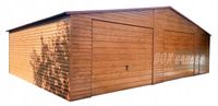 GARAŻ BLASZANY 9m x 6m poziom - dwuspad 2x Brama + drzwi - jasny orzech BOX90 9x6