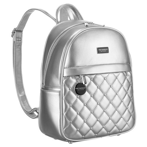 błyszczący srebrny plecak damski zdobiony pikowaniem i nitami eko skóra na Arena.pl