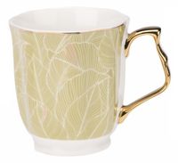 Kubek porcelanowy porcelana New Bone ENGLISH TEA 300 ml jasny oliwkowy zielony listki złote obramowanie i uchwyt