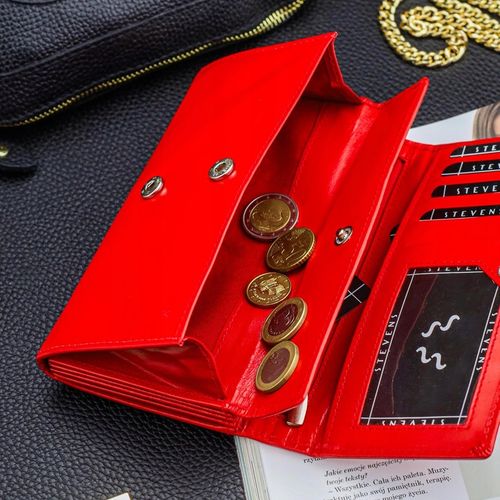 Duży Pojemny Portfel Damski Skórzany STEVENS Czerwony Z Ochroną RFID na Arena.pl