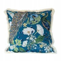 Poszewka z frędzlami 50x50 Boho Dekoracyjna NIebieska z Pawiem i Kwiatami