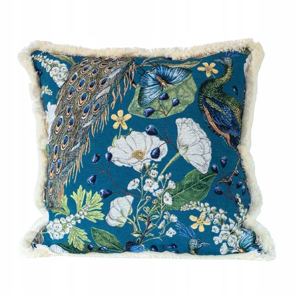 Poszewka z frędzlami 50x50 Boho Dekoracyjna NIebieska z Pawiem i Kwiatami zdjęcie 1