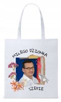 Mateusz Morawiecki Pis Torba Eco Biała Shopper Z Nadrukiem Ze Zdjęciem