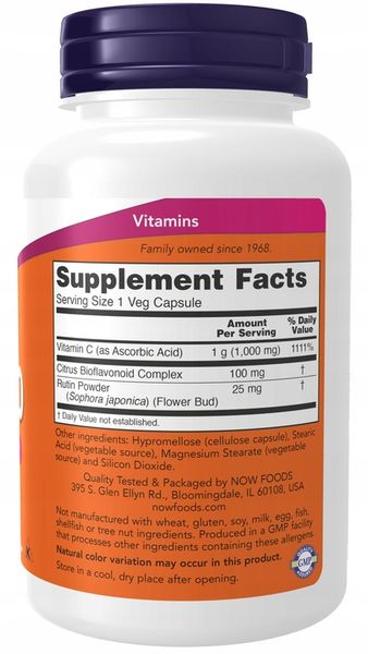NOW Foods Vitamin C-1000 & Bioflavonoids 100mg WIT.C BIOFLAWONOIDY VEGE 250 zdjęcie 3