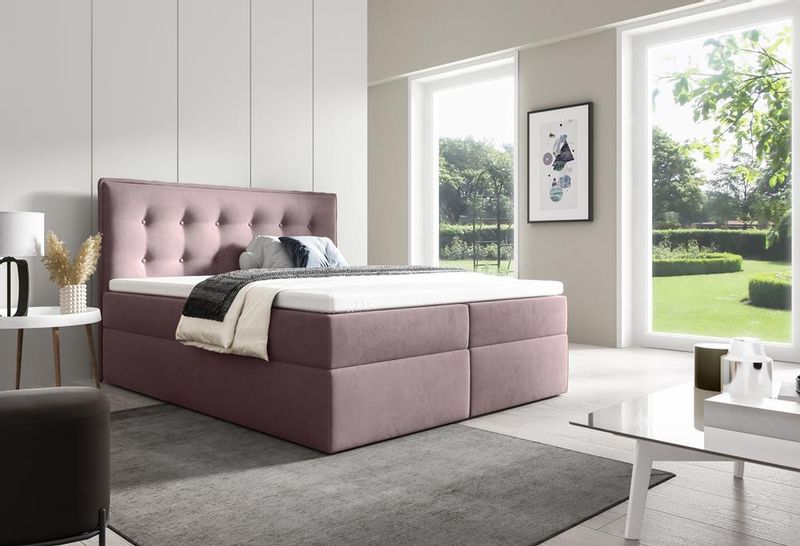 Stylowe łóżko kontynentalne z pojemnikiem na pościel do sypialni FOCUS różowe 120x200 zdjęcie 1