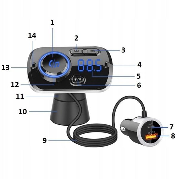 TRANSMITER BLUETOOTH FM SAMOCHODOWY 2X SZYBKA ŁADOWARKA AUX USB-C zdjęcie 16