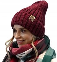 Burgundowa czapka damska CIEPŁA wełniana POLSKI produkt ZIMA modna BEANIA