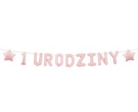 Baner papierowy 1 urodziny na roczek różowy, 150 cm