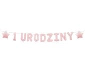 Baner papierowy 1 urodziny na roczek różowy, 150 cm