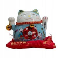 Ceramiczny Kot Szczęścia Maneki Neko Niebieski na Poduszce, Machająca Łapka
