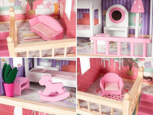 Domek dla Lalek Drewniany Duży Oświetlenie LED Mebelki 3 Poziomy - XL 90cm na Arena.pl