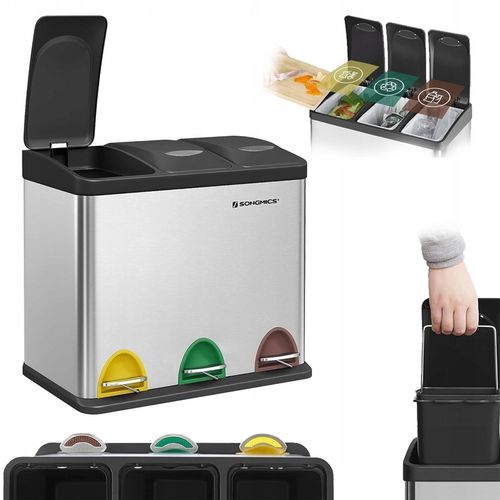 Kosz na śmieci odpady METALOWY 3 KOMORY do segregacji recykling 24l srebrny na Arena.pl