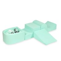 Piankowy plac zabaw z górką i z basenem micro miętowy + 100 piłek (jasna mięta, białe, srebrne)