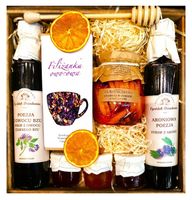 KOSZ ZESTAW PREZENTOWY PREZENT HERBATA CYTRYNA MALINA MIÓD SYROP UPOMINEK