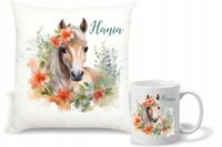 Zestaw PODUSZKA + KUBEK KONIE KOŃ IMIĘ PREZENT z napisem dedykacją imię