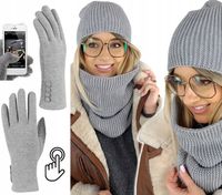 ciepły KOMPLET damski CZAPKA + KOMIN + RĘKAWICZKI do telefonu ZIMOWY