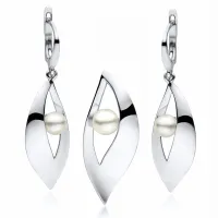 ELEGANCKI PODŁUŻNY RODOWANY WISZĄCY SREBRNY KOMPLET ŁEZKI KROPLE PERŁY