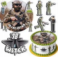 ZESTAW OPŁATEK NA TORT 20CM + 17 POSTACI - WOJSKO MUNDUR + IMIĘ 15CM 18CM
