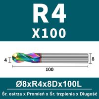 Frez kulowy, kula 2-ostrzowy VHM powłoka DLC Rozmiar: Ø8.0xR4x8Dx100L