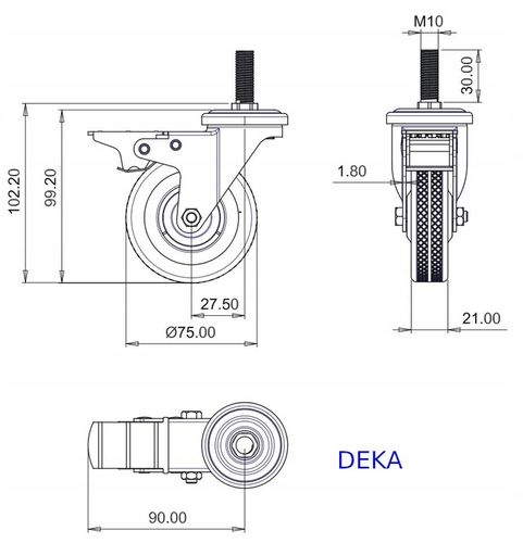 ZESTAW 4x Koło łożyskowane meblowe obrotowe fi.75 trzpień gw. M10 na Arena.pl