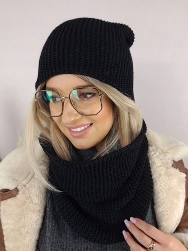 CIEPŁY KOMPLET damski CZAPKA + KOMIN szal ZIMOWY polski PIĘKNY SPLOT czarny na Arena.pl