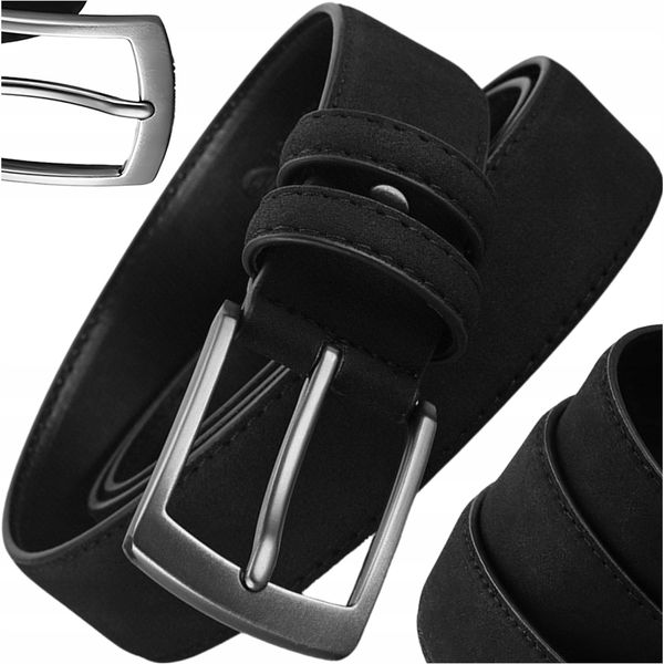 Elegancki Pasek Męski Skórzany Spodni Zamszowy Czarny Metalowa Klamra zdjęcie 4