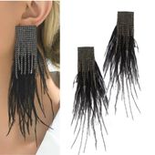 Wieczorowe kolczyki długie złote nitki czarne PIÓRKA luksus damskie stylowe