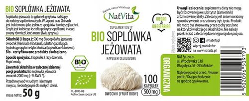 Soplówka Jeżowata BIO Pamięć Stres Ekologiczna 100 Kapsułek NatVita na Arena.pl